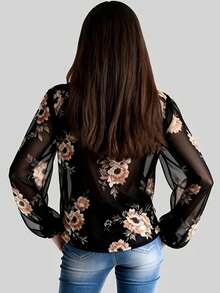 Women's Summer Casual Floral Print Chiffon Cover Up, Bohemian Flower & Leaf Pattern Sheer Beach Vacation Sexy Elegant Shirt, Cover-Up - Black - View 2