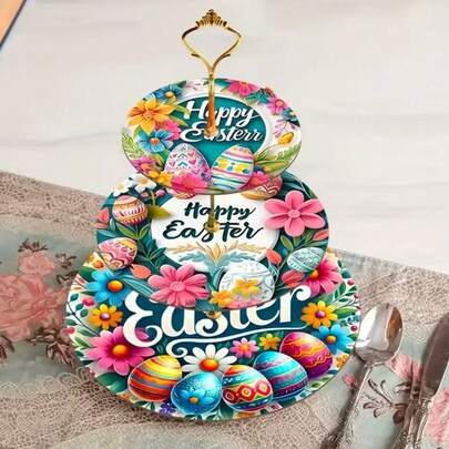 1pc 3-Tier Wooden Display Tray With Easter Egg Pattern Theme, Suitable For Wedding, Birthday, Easter, Thanksgiving, Valentine's Day, Mother's Day, Father's Day, Independence Day, Eid Al-Fitr Celebrations, Home & Hotel Decor, Unique Tabletop Decoration, Asymmetrical Shaped Art Plate Not For Direct Food Contact