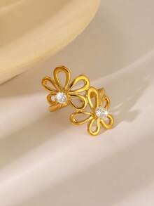 1pc Fashionable Luxury 18K Gold Plated Stainless Steel Asymmetric Cubic Zirconia Ring, Floral & Heart Geometric Design, Suitable For Stylish Women's Daily, Party, Birthday, Engagement Occasions - Gold - View 14