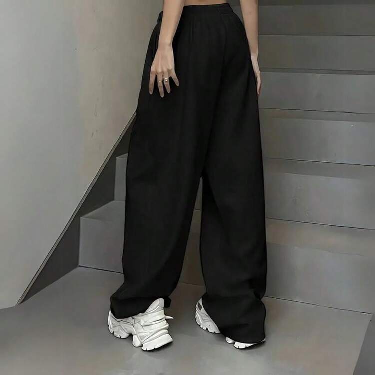 Women's Wide Leg Sweatpants, Plain Cotton, Casual, Lined, Premium Style - Black - View 2