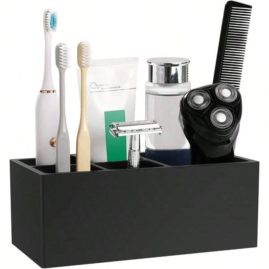 Luxspire Toothbrush Holder, 5 Slots Toothbrush Razor Holder Toothpaste Stand, Resin Decorative Dental Storage For Bathroom Accessories Set Vanity Counter Sink Organizer Storage Organizer Caddy - Black - 5 Slots + Black - View 1