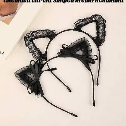 2pcs Cartoon Lace Cat Ear Headband, Includes Sexy Hollow Bunny Ear Headpiece, Combining Cute And Sexy Styles, Suitable For Daily Wear, Party Outfits, Photography Props, And Holiday Costumes