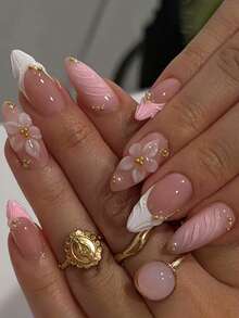 24片/套 优雅渐变粉白杏仁形美甲贴片，饰有3D花朵和珍珠，包含甲油胶和指甲锉，适合女孩和女士日常、派对、秋季美甲 - 彩色 - 查看 7