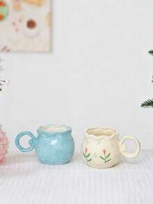 1pc Creative Handmade Asymmetrical Shaped Round Ceramic Milk Coffee Mug With Floral Relief Painting - Multicolor - View 4