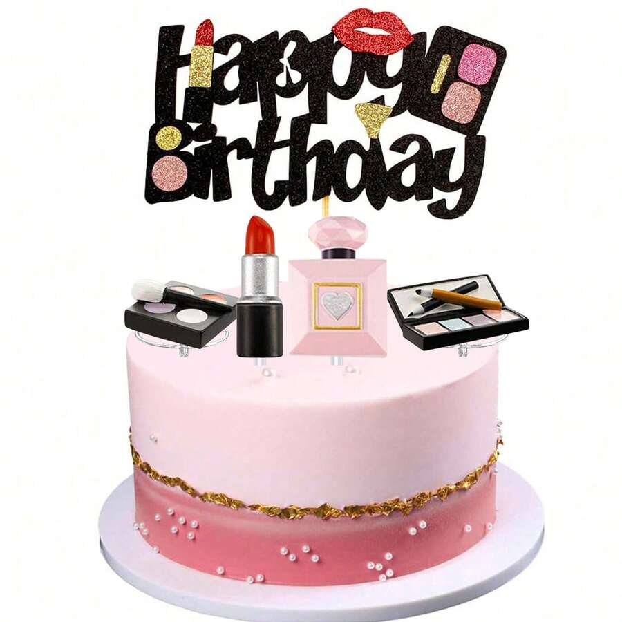 5pcs Makeup Themed Cake Decorations - 3D Resin Cosmetic Cake Toppers, Lipstick, Paper Cup Cake Decor, Perfume Bottle Cake Decorations, Suitable For Bridal Shower, Makeup Salon, Spa Theme Party - 5pcs - View 1