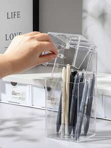 1pc Transparent Acrylic Dust-Proof Straw Holder, Pen Holder, Makeup Brush Holder With Cover, Capsule Coffee & Tea Bag Organizer, Cutlery Holder With Cover - Clear - View 3