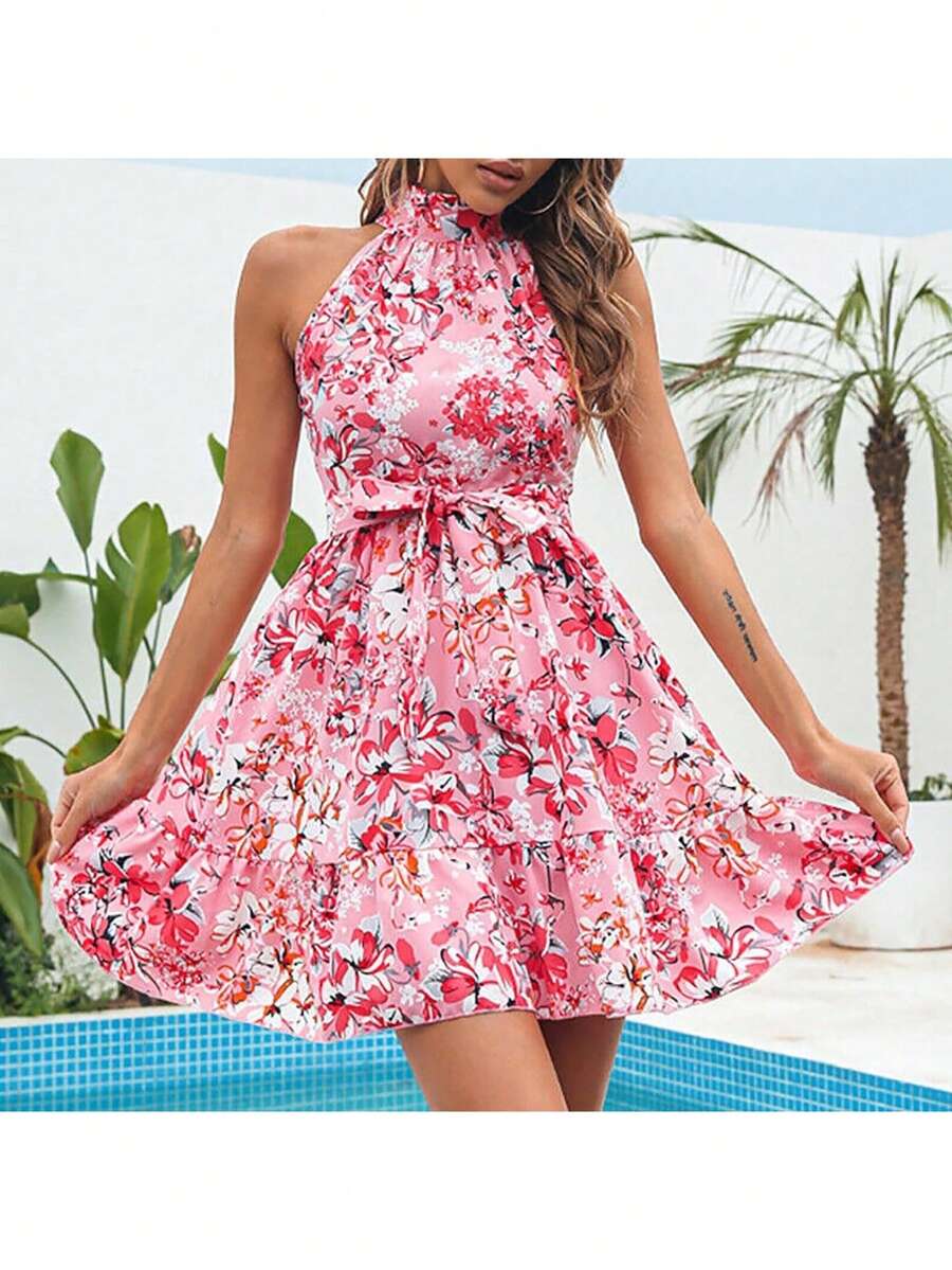 Women's Dress 2026 Spring Summer, New Collection, Elegant, Adjustable Strap, Ruffles, Wide Skirt, Floral Print, - Coral Pink - View 1