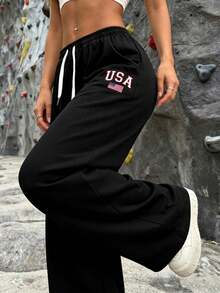 Women's Black Loose Drawstring Waist Elastic Pants, Slimming, Suitable For Commuting, Workout And Multiple Occasions Sports - Black - View 5