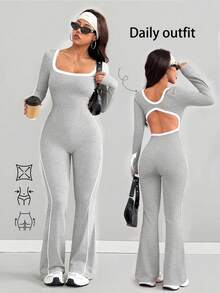 AITYI Studio 女士连体裤，时尚设计，户外街头镂空U领撞色织带设计，运动健身塑形修身性感舒适Y2K风格，适合日常、通勤、派对、度假、独立日、返校、情人节、骄傲月、狂欢节、音乐节等场合，2026春季新款舒适针织喇叭裤连体裤 - 淺灰色 - 查看 3