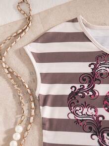 Set de 2 piezas de top sin mangas con cuello en V con estampado de rayas y lazo, y pantalones cortos rectos con volantes en el bajo, para niñas, estilo casual, para primavera/verano - Negro - Ver 5