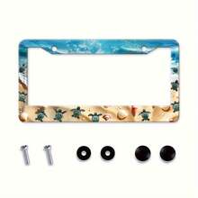 1PC Cute Beach Turtle License Plate Frame Metal Aluminum Rustproof Car Accessories Suitable For USA Canada Standard Women's Men's 2-Hole With Screw Cap - 6.3X12.2 Inches (16x31 Cm) - View 1