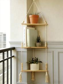 1pc Beige Bohemian Style Triangle Corner Hanging Wall Shelf, Layered Floating Display Rack, Rustic Minimalist Design With Tassel Details, Space-Saving Storage Organizer Suitable For Living Room, Bedroom, Bathroom, Kitchen, Apartment, Dorm, Plant Display, Bookshelf, Home Decor - Beige - View 3