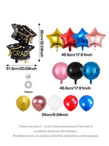 Bộ 8 quả bóng trang trí tiệc tốt nghiệp (4 kiểu) - Bóng bay hình mũ tốt nghiệp hai lớp cỡ lớn, bóng bay hình ngôi sao màu vàng/xanh dương/đỏ/vàng hồng 18 inch, bóng bay tròn màu xanh dương/đen/hồng nhạt 18 inch, phù hợp trang trí lễ tốt nghiệp năm 2026, bóng bay cao su màu xanh dương/trắng/đỏ/vàng/vàng hồng 10 inch. - Xem 2