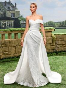 Đầm cưới lệch vai bằng satin, thiết kế xẻ tà ren, dáng suông, phù hợp cho các buổi tiệc trang trọng và đám cưới, váy cưới màu trắng, trang phục cưới tại nhà thờ, váy cưới thân mật mùa xuân - trắng - Xem 5