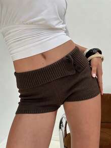 Women's Fold Over Waist Knitted Shorts Y2k Low Waist Striped Print Color Block Slim Fit Hot Pants Party Clubwear Going Out Sweater Shorts Loungewear Bottoms Stretchy Yoga Shorts Summer Casual Active Jogger Sweatshorts - 摩卡棕 - 查看 5