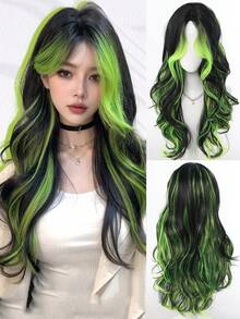 绿色长波浪假发，带刘海，圣帕特里克节 24 英寸渐变黑绿色假发，耐热合成假发，适合女孩在洛丽塔角色扮演中佩戴。 - 彩色 - 查看 4