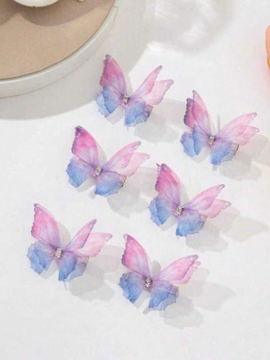 6pcs Fashionable And Elegant Double-Layer Rhinestone Butterfly Hair Clips Suitable For Daily Use - Multicolor - View 1