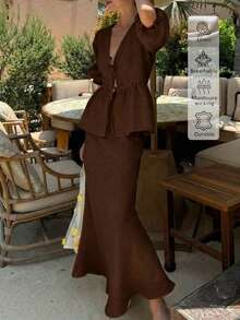 2pcs Linen Casual Elegant Vacation & Daily Wear Outfits, Casual Dresses, Casual Women Outfits, Summer Holiday Outfits, Elegant Women's Set - Brown - View 3