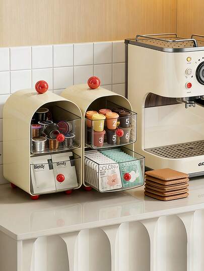Organizador de estación de café de 2 niveles de acrílico, puede almacenar cápsulas, bolsitas de té, bocadillos, cosméticos y artículos de papelería, adecuado para el hogar y la oficina, unisex, contenedor de almacenamiento de estilo cajón multifuncional, aplicable para la cocina, el baño y el tocador