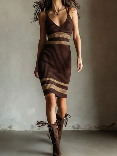 Fashionable & Elegant Coffee Color Strapless Fitted Striped Sleeveless Knit Dress