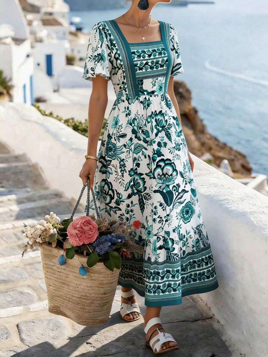 PoPoHouse 女士优雅印花方领喇叭短袖长连衣裙，适合度假、春夏旅行穿着 - 綠色 - 查看 1