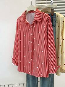 Áo sơ mi nữ tay dài cổ polo kẻ sọc in hình trái tim, kiểu dáng thường ngày, thích hợp mặc vào mùa xuân, hè và thu. - Sọc đỏ và trái tim trắng - Xem 2