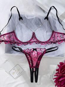 Conjunto de ropa interior con bordado en forma de corazón negro y rojo, sujetador de malla bordada semi transparente y sexy - Negro - Ver 2