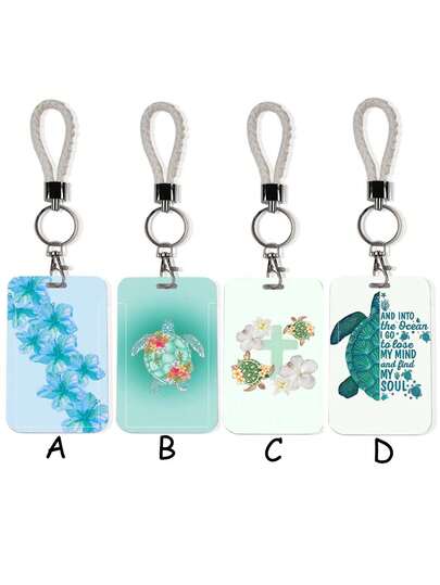 1pc ABS Tropical Floral Sea Turtle ID Card Holder With Lanyard, Cartoon Pull-Tab Card Holder Keychain Bag Charm, High-Quality Cartoon Card Holder With Lanyard, Suitable For Campus Card, Metro Card, Wear-Resistant And Scratch-Resistant, Easy To Carry, Can Be Used As A Gift Or For Daily Use