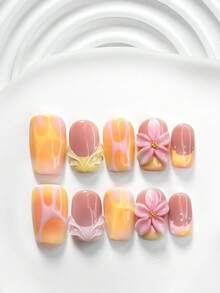 10pcs Summer Beach Style Polygel Manicure Set, Acrylic Pressed Nails, Handmade 5-Petal Pink Flower Nail Decor, Hand-Painted Solid Color Water Wave & White Polka Dot Pattern, Beach Vibe, Includes Nail Tools (1 Jelly Sticker + 1 Nail File), 3 Sizes Available: Square, Short Square, Almond Handmade Press On Nails - Nhiều màu - Xem 4