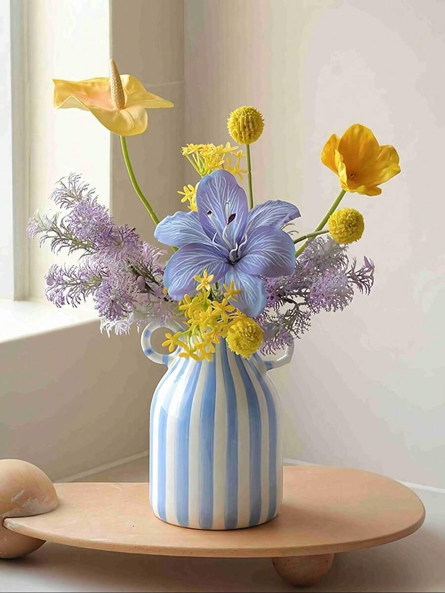 Contemporary Hand-Painted Striped Ceramic Vase - Modern Decorative Flower Vase, Suitable For Home, Dining Table, Living Room, Bedroom And Entrance Hall Decor. Home Vase, Glass Vase - Double-eared Vase - View 1