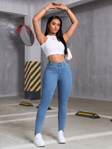 Women's Fashionable Stretch Slim-Fit Washed Denim Jeans, Summer Top/New Jeans For All Seasons, Elegant Women's Clothing, Suitable For New Year And Valentine's Day. - Medium Blue - 查看 7