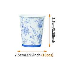 蓝白瓷花瓣形一次性餐盘、餐巾纸、杯子套装 - 一次性派对用品套装，适合10位客人，一次性纸盘，派对餐具，适用于生日、婚礼、野餐等场合 - 款式1 - 查看 10
