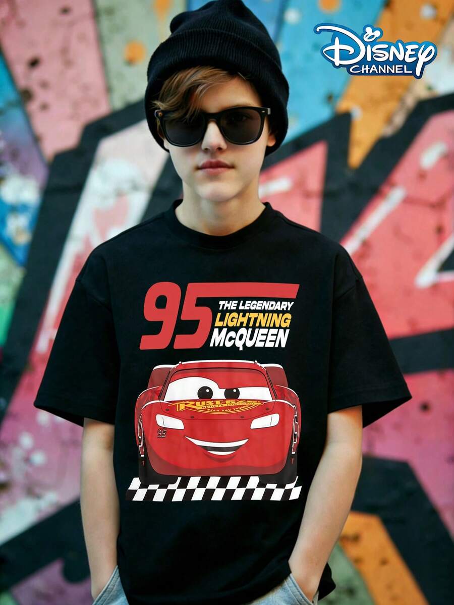 Disney 95-THE LEGENDARY LIGHTNING McQUEEN Print Pattern Summer Tops,Short-Sleeved Casual And Cute Style Children's Clothing Design, Boy Clothes For Kids ,Ropa Para Niños,Boy Clothes For Kids,Graphic Tee, Summer Clothes,Perfect For Cool Boy. Comfortable And Breathable Children's Short-Sleeved T-Shirt. Comfortable And Casual Wear All Year Round 180g Pure Cotton Children's Clothes,Comfortable & Lightweight, Iconic Print For Mix-And-Match Outfits,Suitable For Both Boys And Girls. - Black - View 1