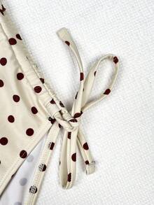 Women's Elegant Sexy White & Brown Polka Dot V-Neck Drawstring One-Piece Swimsuit, Knit Fabric, Fashionable Swimwear Suitable For Spring/Summer Casual Beach, Resort And Swimming Party - Multicolor - View 6