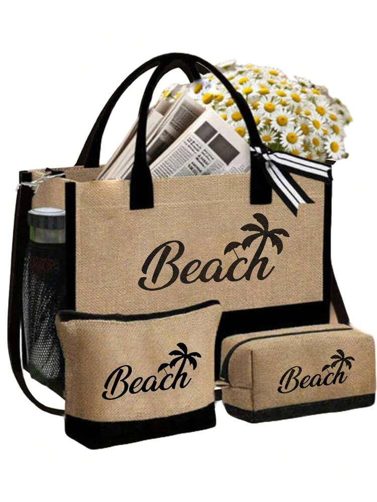 1 Set Of Black Kaqi Women's Beach Tote Bag, Including A Large Capacity Handbag And Two Makeup Bags, Printed With "Beach" And Coconut Tree Combination Pattern, Summer Vacation Style, Reusable Travel Shopping Handbag And Makeup Bag, Holiday Gift Bag, Perfect Choice For Vacation Travel (Khaki Color), Essential For Summer. - View 15