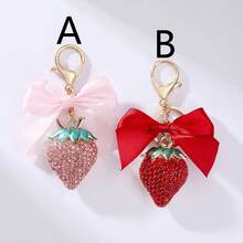 Girl's Heart-Shaped Rhinestone Strawberry Keychain, Alloy Paved Rhinestone Bow & Lobster Clasp Pendant, Sweet Fashionable Bag Charm, Popular Small Gift - Multicolor - View 2