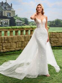 Plant Embroidery Mesh Fishtail Hem Backless Strap Wedding Dress - White - View 10