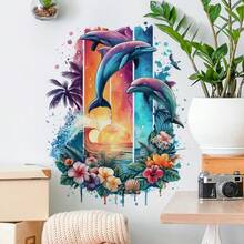 梦幻色彩海豚一家墙贴 - 适用于墙面、窗户、浴室等 - 耐用墙贴 - A - 查看 6