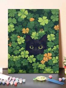 1pc 2D Flat Digital Painting On Canvas, Black Cat In Clover Leaves, DIY Craft, Home Decor Gift, Lucky Clover, Natural Green Art - 40*50cm - View 6