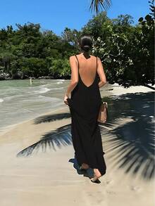 A Women's Solid Color Camisole Loungewear, Elegant Sleeveless Backless Long Dress, Summer Casual Wear, Women's Indoor Sleepwear, Beach Vacation Dress. - màu đen - Xem 4