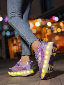 Upgraded Fashion Children & Teens Roller Skate Shoes, Enhanced Stability, Detachable 2-In-1 Sports Shoes, Street Cool Skating Shoes, Outdoor Sports Luminous Shoes, Parent-Child Shoes, New Skating Shoes, Luminous Shoelaces, Roller Skating Luminous Shoes, USB Rechargeable Roller Skate Shoes, LED Luminous Skating Shoes, Sports Shoes With Luminous Soles, Boys - Purple - View 12