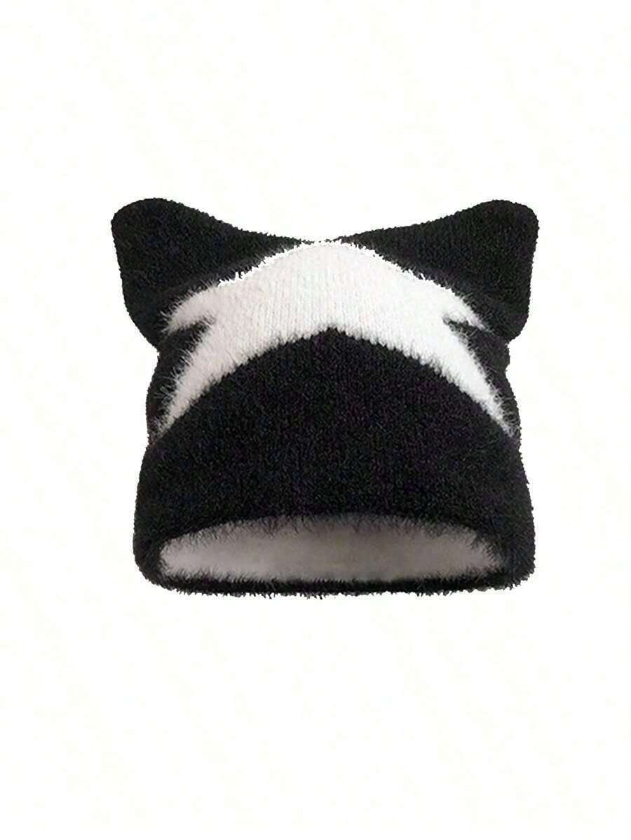1pc Men's New Cute Street Five-Pointed Star Embroidery Plush Hat With Cat Ears Warm Knitted Beanie, Autumn/Winter Halloween Fall Outfit 6ZPM - 彩色 - 查看 1