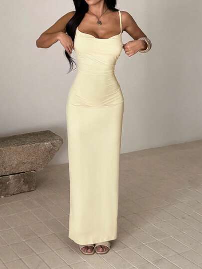 WOWDARK 夏季连衣裙，黄色休闲度假纯色简约露背吊带优雅连衣裙，适合女士，可用于狂欢节、约会、聚会、派对、旅行、度假、海滩等各种场合。