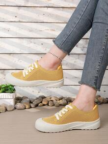 Van Skr 2026新款女士时尚轻便软底网面运动鞋，复古溶解鞋底运动鞋，透气一脚蹬休闲通勤鞋 - 黃色 - 查看 3