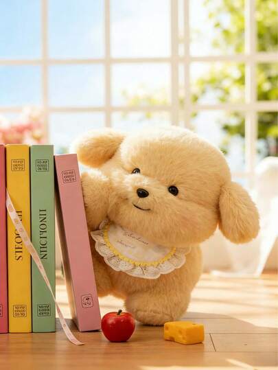 这款7.87英寸的浅黄色小狗毛绒玩具柔软蓬松，配有精致的蕾丝围兜，抱起来非常舒适。它脸上带着友善的微笑，耳朵柔软下垂。非常适合在沙发上依偎着它，营造卧室的温馨氛围，装饰婴儿房，以及陪伴孩子讲睡前故事。