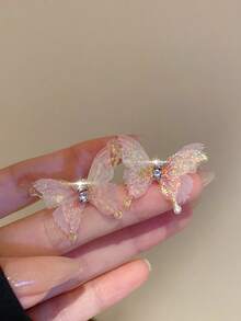 1对粉色梦幻网纱双层蝴蝶耳环（女士款） - 彩色 - 查看 3