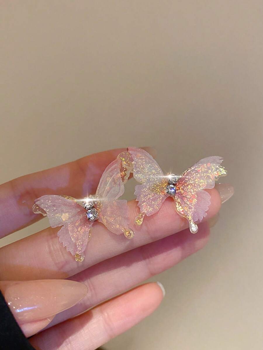 1 Pair Pink Dreamy Mesh Double-Layer Butterfly Earrings For Women - Multicolor - View 1