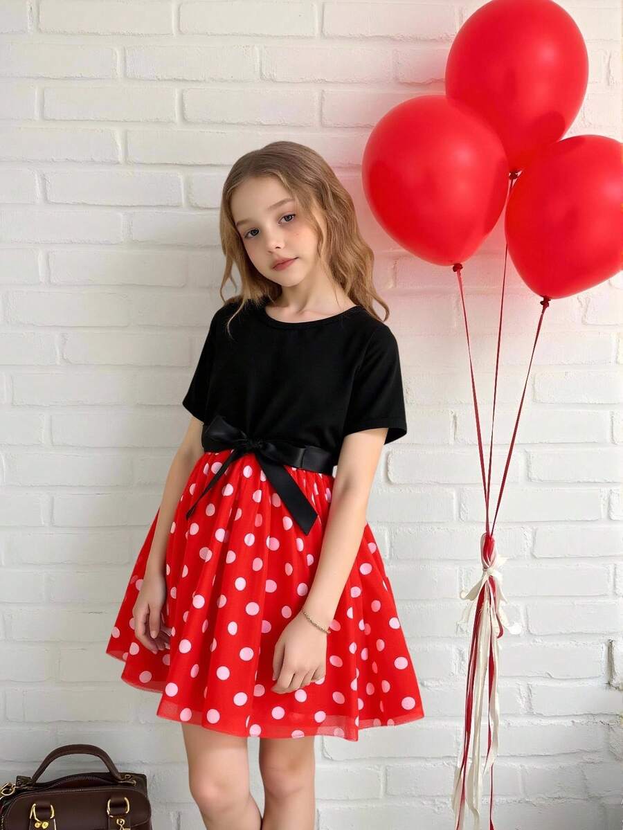 女童黑红撞色蝴蝶结腰带短袖波点网纱连衣裙，可爱日常装 - 紅色 - 查看 1