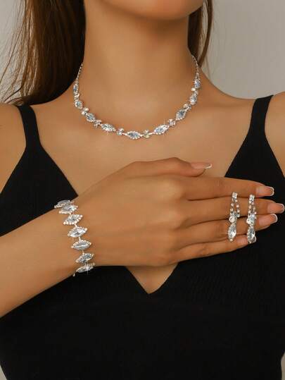 Set de 3 piezas de joyería nupcial, que incluye aretes, collar y pulsera, adecuado para uso diario de la mujer, aplicable para bodas, fiestas y otras ocasiones