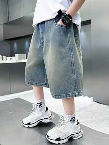 Celana Pendek Denim Kasual Motif Kartun untuk Remaja Laki-laki untuk Musim Panas - Ringan, Bernapas, dan Nyaman - Medium Wash - View 2
